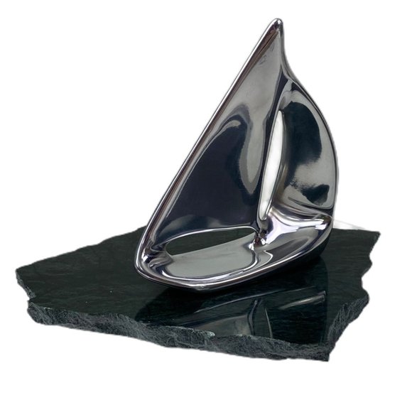 Vintage Hoselton Sculptures Modern Cast Aluminum Sail Boat on Marble Base - Picture 1 of 5